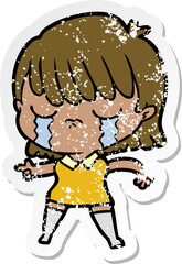distressed sticker of a cartoon woman crying