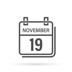 November 19, Calendar icon with shadow. Day, month. Flat vector illustration.