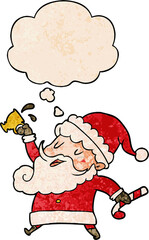 cartoon santa claus with hot cocoa with thought bubble in grunge texture style