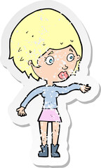 retro distressed sticker of a cartoon concerned woman reaching out