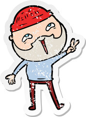 distressed sticker of a cartoon happy bearded man
