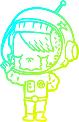 cold gradient line drawing of a cartoon crying astronaut girl