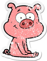 distressed sticker of a happy cartoon pig sitting