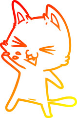 warm gradient line drawing of a cartoon cat hissing