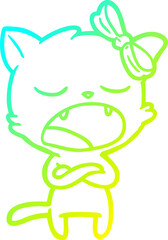 cold gradient line drawing of a annoyed cartoon cat
