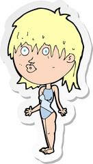 Obraz premium sticker of a cartoon woman in swimsuit shrugging shoulders