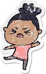 distressed sticker of a cartoon angry woman