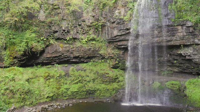 Large waterfall surrounded by forest and foliage (Henrhyd Falls, Wales)