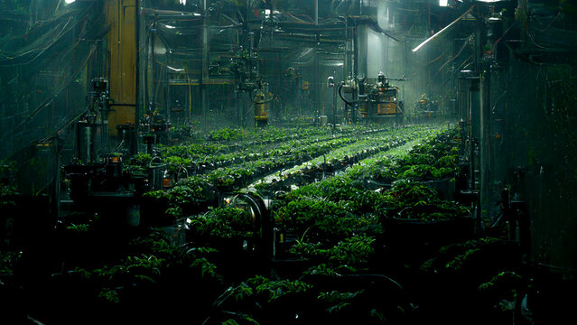 Smart robotic farmers concept, robot farmers, Agriculture technology, Farm automation. production line robot arms picking crops in a vast hydroponic. 3d render.