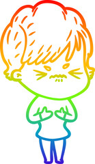 rainbow gradient line drawing of a cartoon frustrated woman