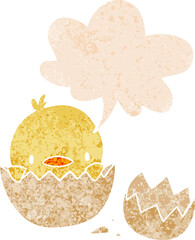 cartoon chick with speech bubble in grunge distressed retro textured style