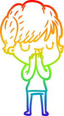 rainbow gradient line drawing of a cartoon woman talking