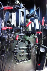 Historic railway. Inside locomotive cabin. Control instruments.
