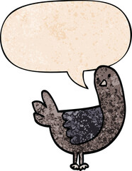 cartoon pigeon with speech bubble in retro texture style