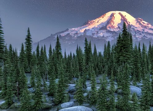 Mount Rainier National Park. Travel Destination 3D Illustration Digital Render Art