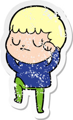 distressed sticker of a cartoon grumpy boy