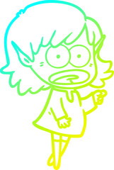 cold gradient line drawing of a cartoon shocked elf girl pointing