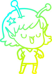 cold gradient line drawing of a happy alien girl cartoon laughing