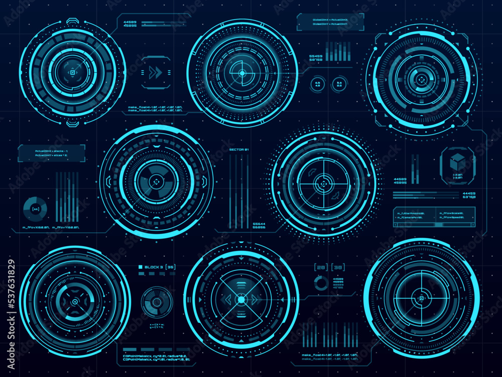 Leinwandbilder HUD circle data infographic, digital interface and data screen dashboard, vector futuristic technology. HUD circular interface and visual data infographic, graphs and diagrams on web panel