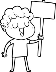 laughing cartoon man with black signpost