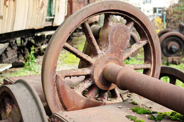 Historic railway. Rusty wheels of an old locomotive.