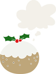 cartoon christmas pudding with thought bubble in retro style