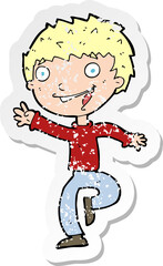 retro distressed sticker of a cartoon excited boy