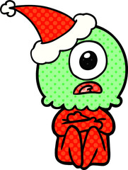 hand drawn comic book style illustration of a cyclops alien spaceman wearing santa hat