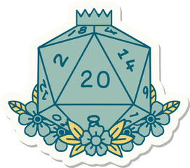 Obraz premium sticker of a natural 20 D20 dice roll with floral elements