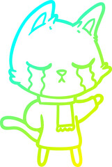 cold gradient line drawing of a crying cartoon cat wearing winter clothes