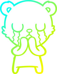 cold gradient line drawing of a crying cartoon bear