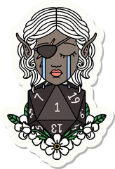 sticker of a crying elf rogue character face with natural one D20 roll