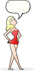 cartoon woman in party dress with speech bubble