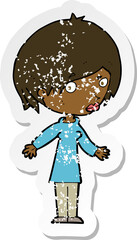 retro distressed sticker of a cartoon woman shrugging shoulders