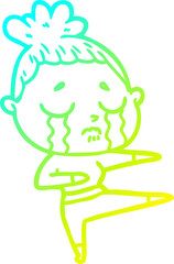 cold gradient line drawing of a cartoon crying woman dancing