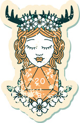grunge sticker of a human druid with natural twenty dice roll