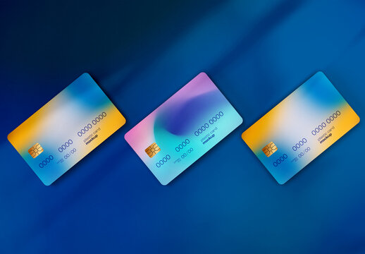 Modern Deposit Bank Card Mockup Set &ndash; Trio of Colorful Plastic Payment Cards on Deep Blue Background &ndash; Perfect for Banking, Digital Wallet, and Fintech Branding Projects