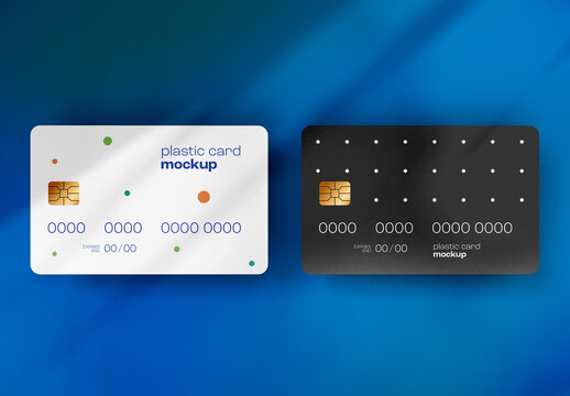 Minimalist Bank Deposit Cards Mockup &ndash; Black and White Plastic Payment Cards on Deep Blue Background &ndash; Perfect for Secure Banking, Financial Branding, and Card Design Projects