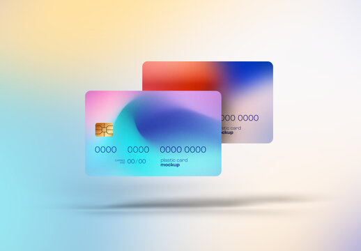 Floating Deposit Bank Cards Mockup &ndash; Vibrant Dual Color Plastic Cards with Modern Gradient Design on Soft Pastel Background &ndash; Perfect for Fintech, Payment, and E-Wallet Branding