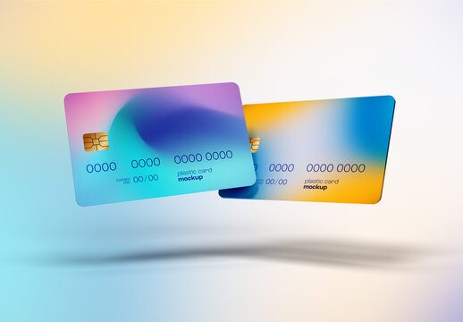 Dual Colorful Bank Cards Mockup &ndash; Vibrant Gradient Deposit Cards Floating on Soft Light Background &ndash; Ideal for Digital Payment Branding, E-Wallet Promotions, and Fintech Visuals