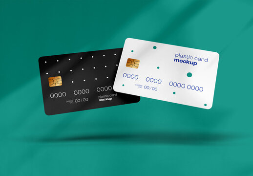 Floating Deposit Bank Cards Mockup &ndash; White and Black Plastic Cards with Clean Minimal Design on Vibrant Green Background &ndash; Perfect for Banking, Financial Branding, and Secure Payment Concepts