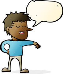 cartoon man making dismissive gesture with thought bubble
