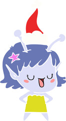 happy alien girl hand drawn flat color illustration of a wearing santa hat