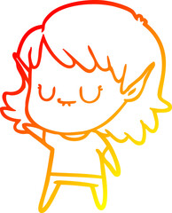 warm gradient line drawing of a happy cartoon elf girl