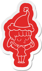 quirky cartoon  sticker of a indifferent woman wearing santa hat