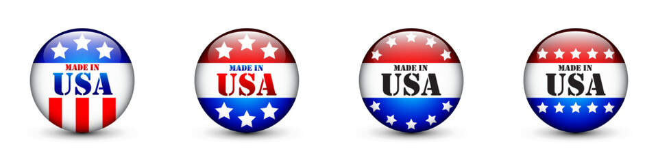 Made in USA glossy buttons set. Flat vector illustration.