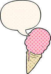 cartoon ice cream with speech bubble in comic book style