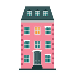 pink multi-storey house on a white background, there is snow on the windows and doors, a silhouette of a Christmas tree in the window.