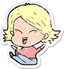 distressed sticker of a happy cartoon girl