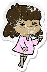 distressed sticker of a cartoon angry girl